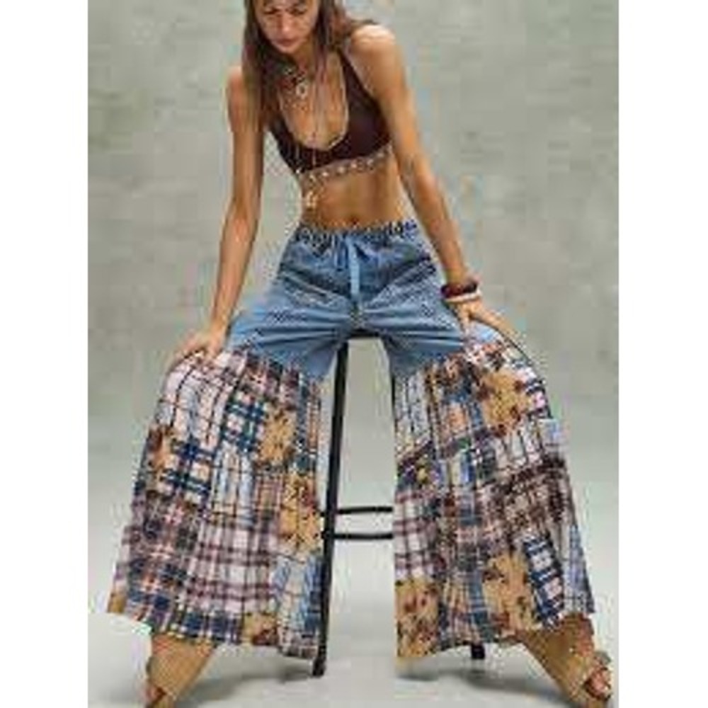 Bohemela Mixed Media Patchwork Wide Leg Denim Tiered Plaid Floral Pants NEW